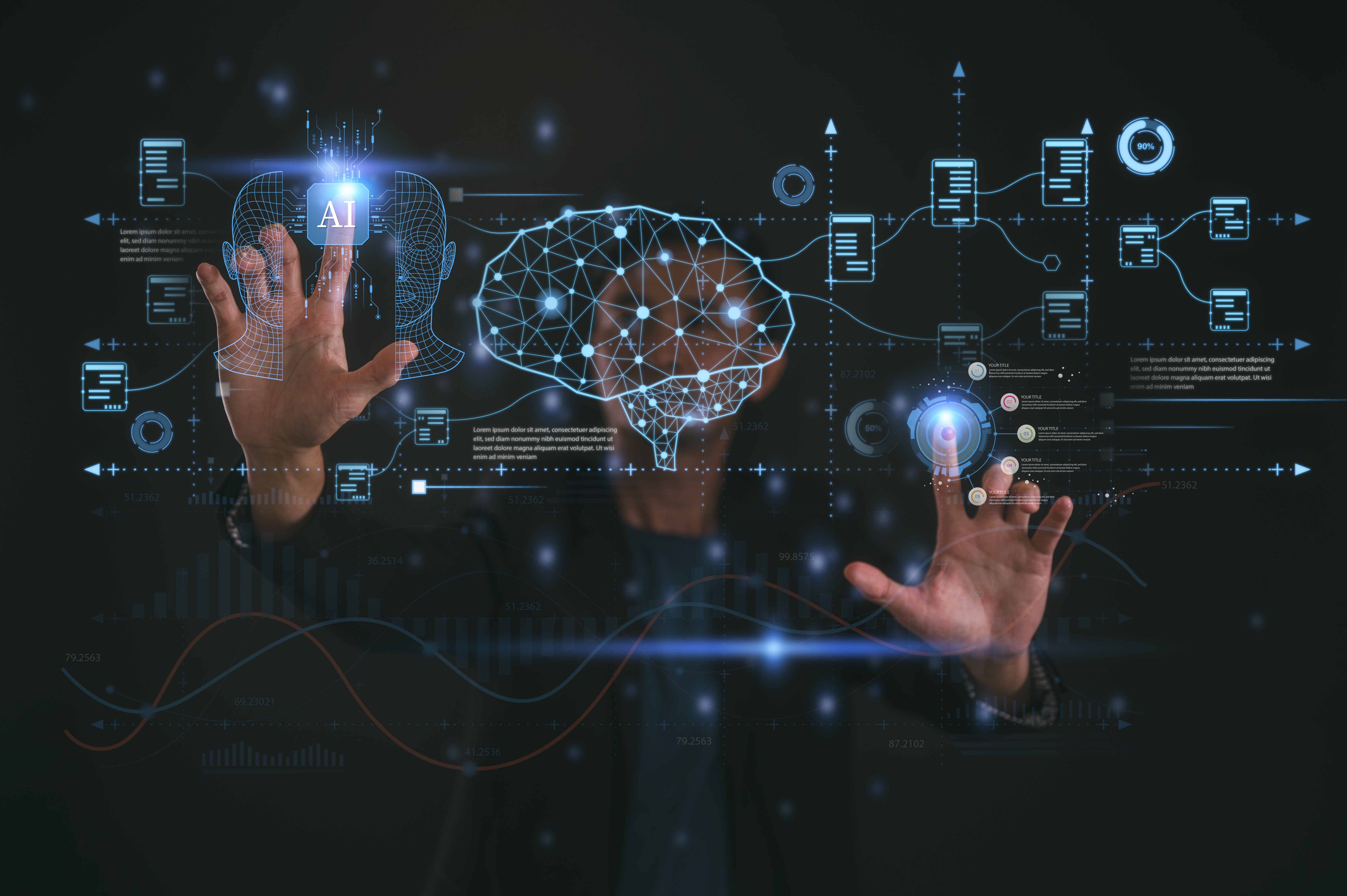 Person interacting with a futuristic digital interface featuring glowing AI icons, a neural network brain graphic, and holographic data visualizations, symbolizing artificial intelligence, machine learning, and data analysis technology.
