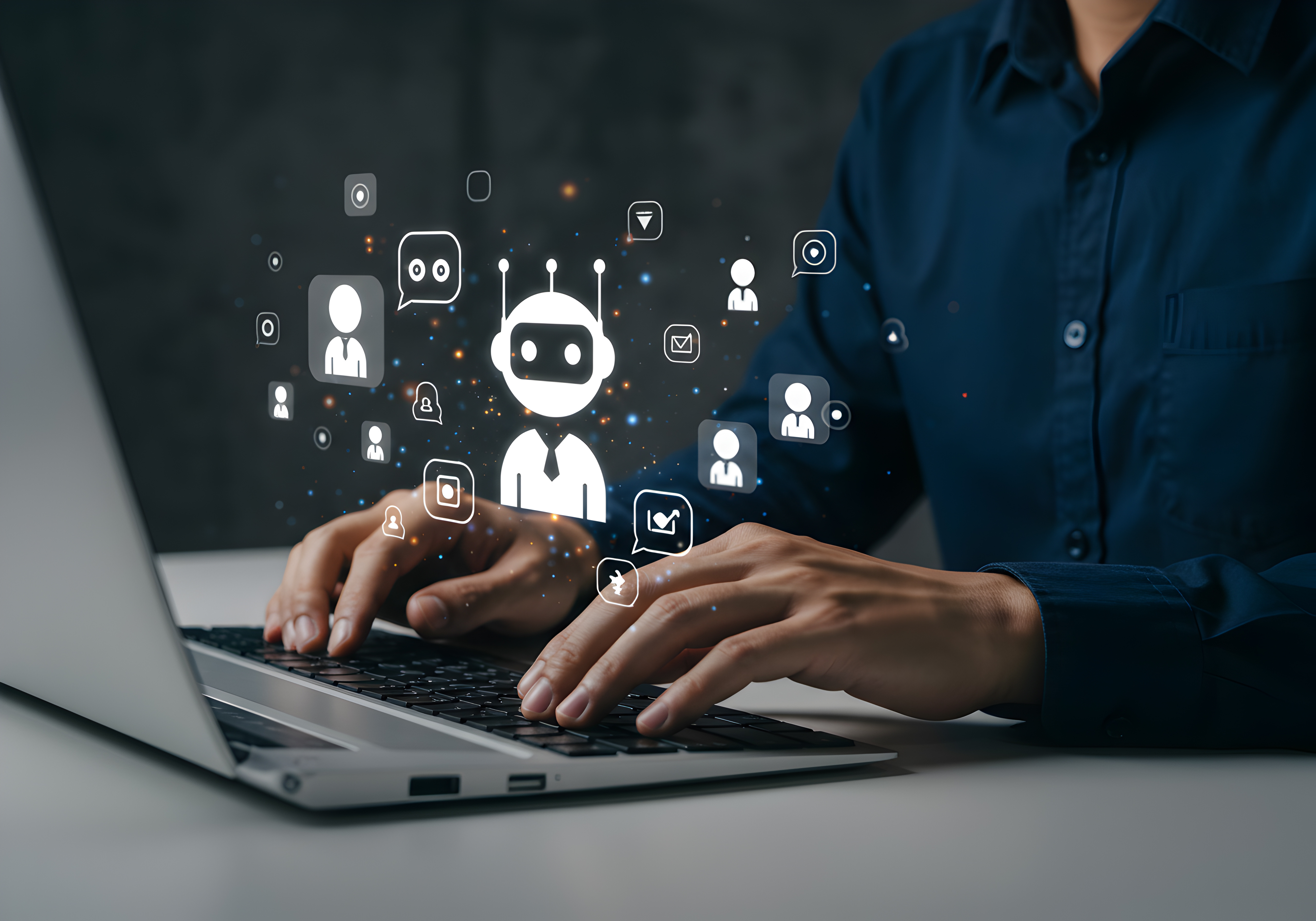 Person typing on a laptop with digital holographic icons of a chatbot and communication symbols floating above the keyboard, representing AI automation, virtual assistants, and intelligent customer interaction technology.