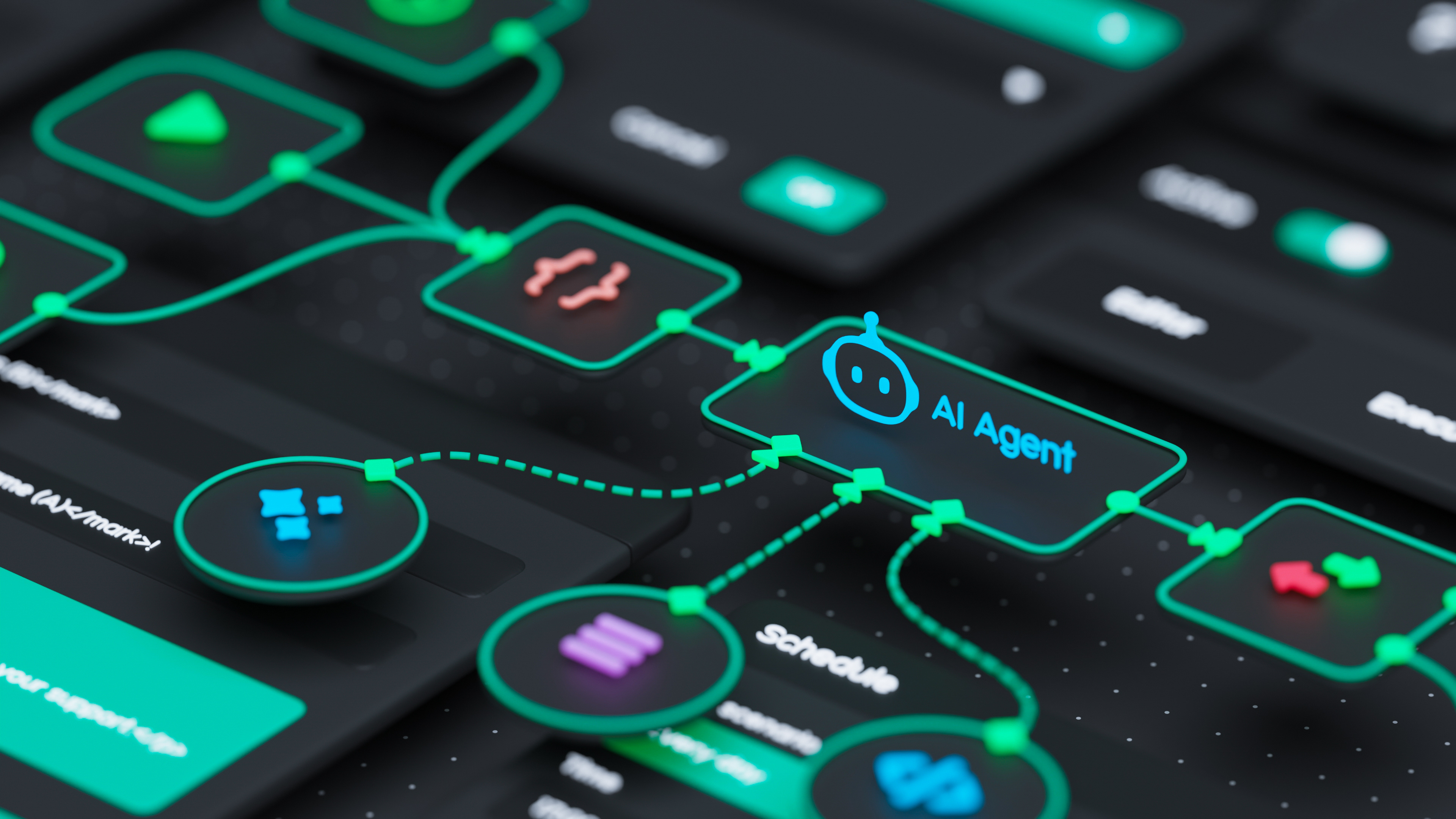 A close-up view of a digital workflow interface showing interconnected neon-colored elements that form an AI process diagram. At the center is a glowing box labeled “AI Agent” with a robot icon, connected by bright green and dotted lines to various functional nodes representing tasks, commands, and scheduling steps on a dark UI background.