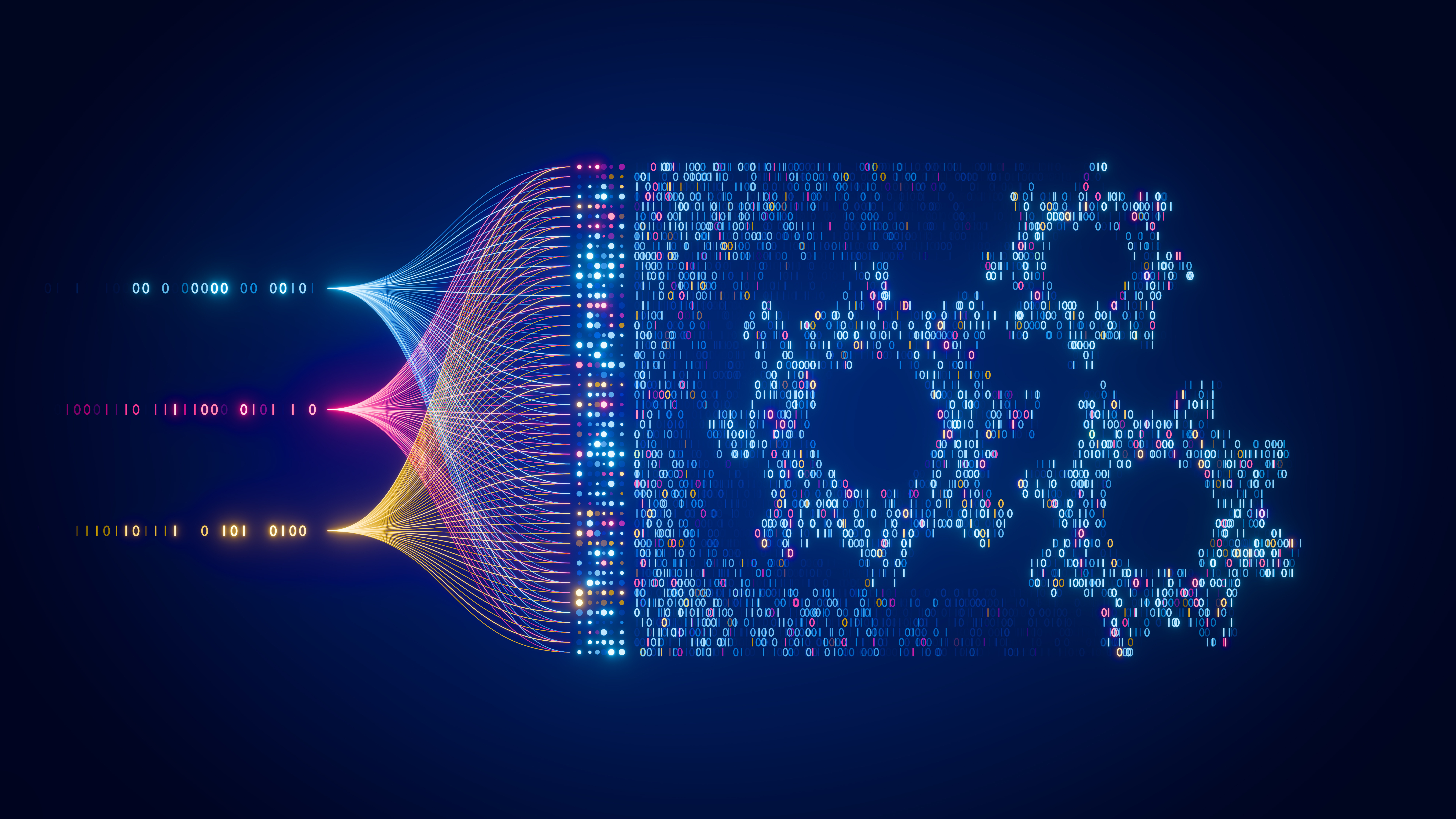 Abstract visualization of artificial intelligence and data processing, showing colorful data streams of binary code converging into gears made of digital bits, symbolizing machine learning and automation.