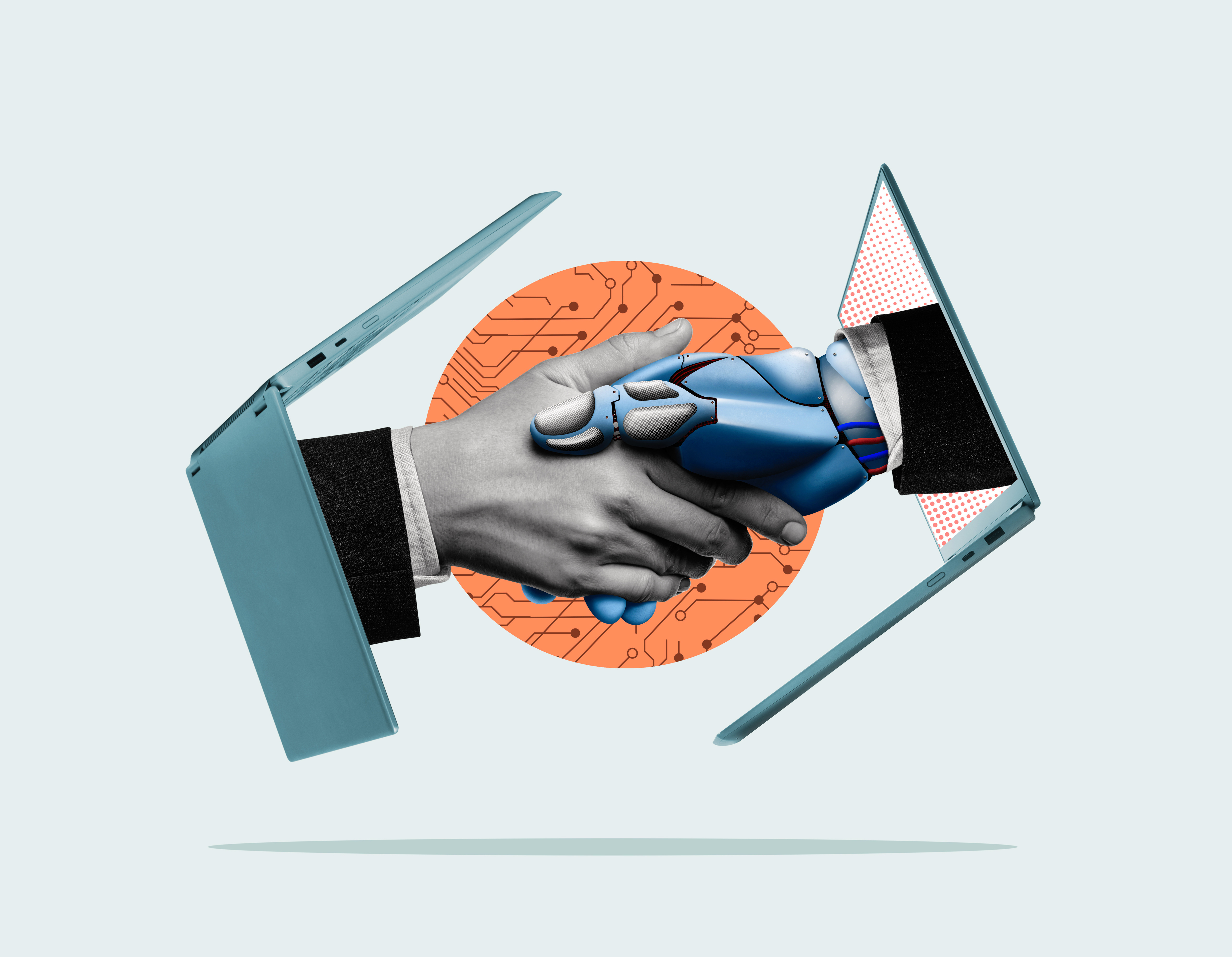 Concept illustration of a robot hand and a human hand shaking through laptop screens, symbolizing artificial intelligence collaboration, human-AI partnership, and technology integration.