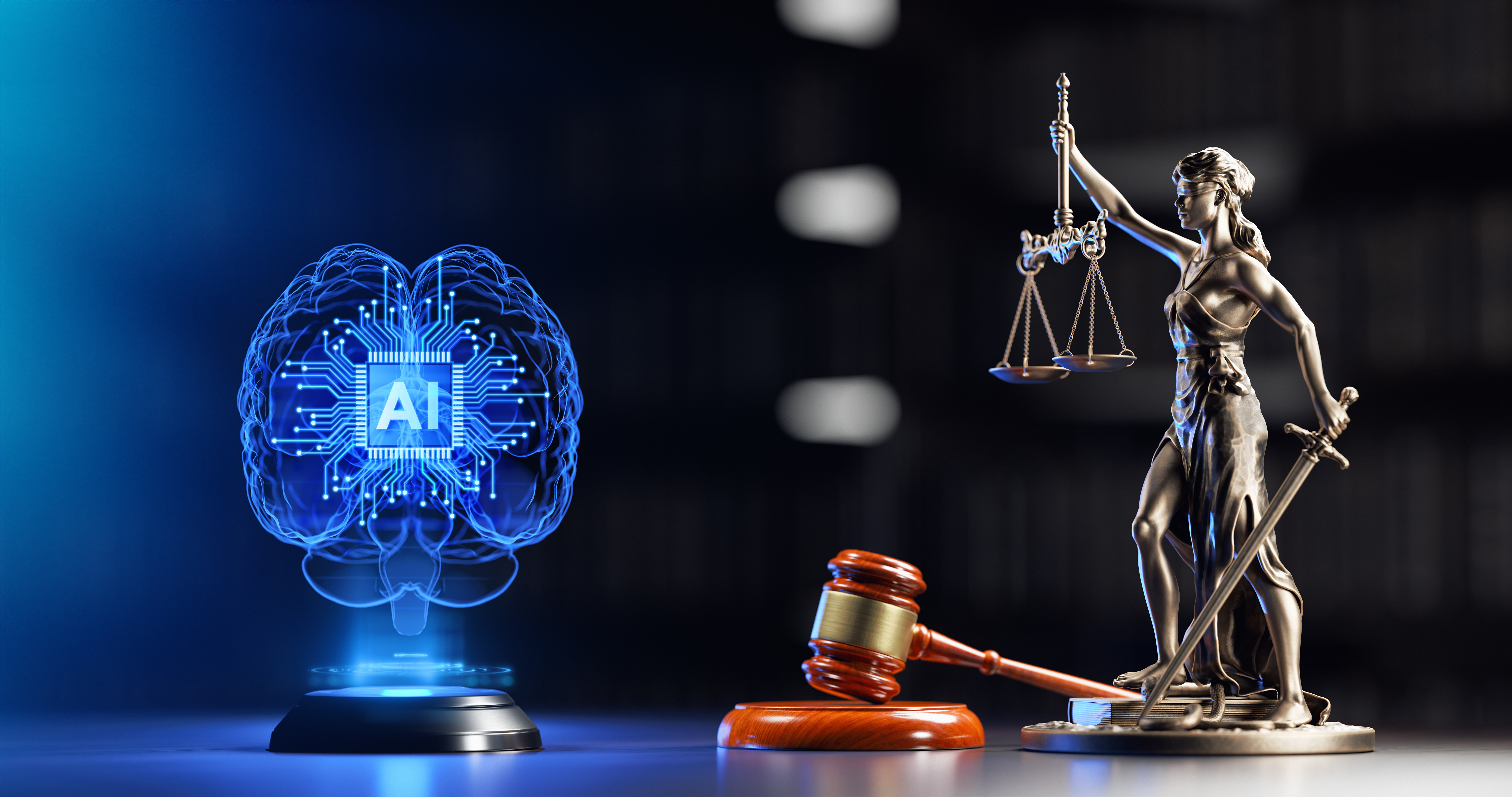 Concept image showing the intersection of artificial intelligence and law — a glowing blue digital brain labeled “AI” on the left, facing a metallic Lady Justice statue holding scales and a sword on the right, with a judge’s gavel placed between them to symbolize the balance between technology and justice.
